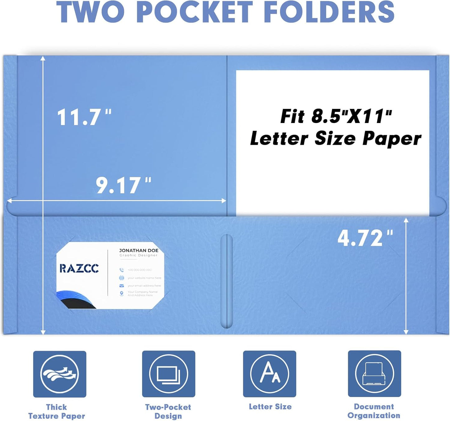 Two Pocket Folders, RAZCC 50 Pack File Folders with Pockets Fit Letter Size Paper, Thick Paper File Folder for School Office Business Home, Assorted 10 Colors