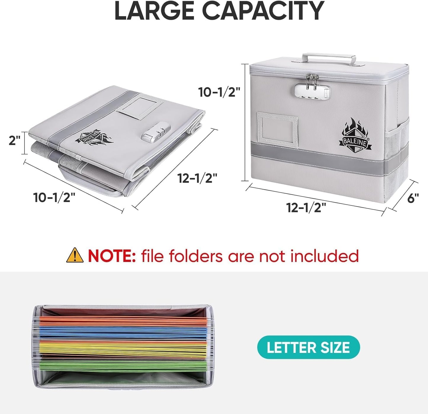 BALEINE Fireproof Document Box with Lock, Portable Fireproof Document Bag Waterproof Fire Proof File Boxes for Documents, File Organizer Box for Important Paperwork (Silver, 12.5''x10.5''x6'')
