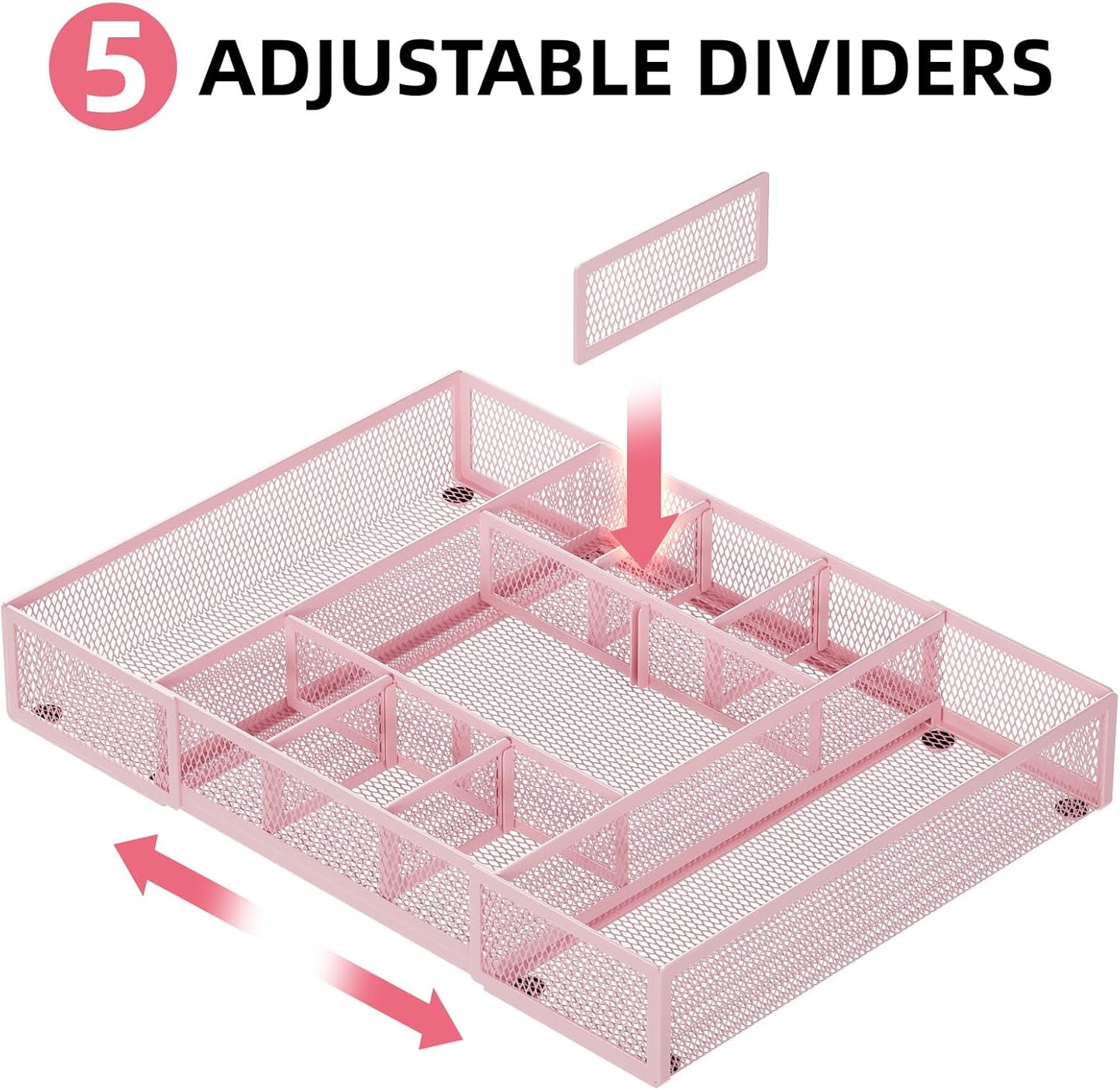 Marbrasse Expandable Desk Drawer Organizer, Mesh Tray with 10 Adjustable Compartments, Desk Organizers for Office Supplies, Makeup & Vanity (Expandable-Pink)