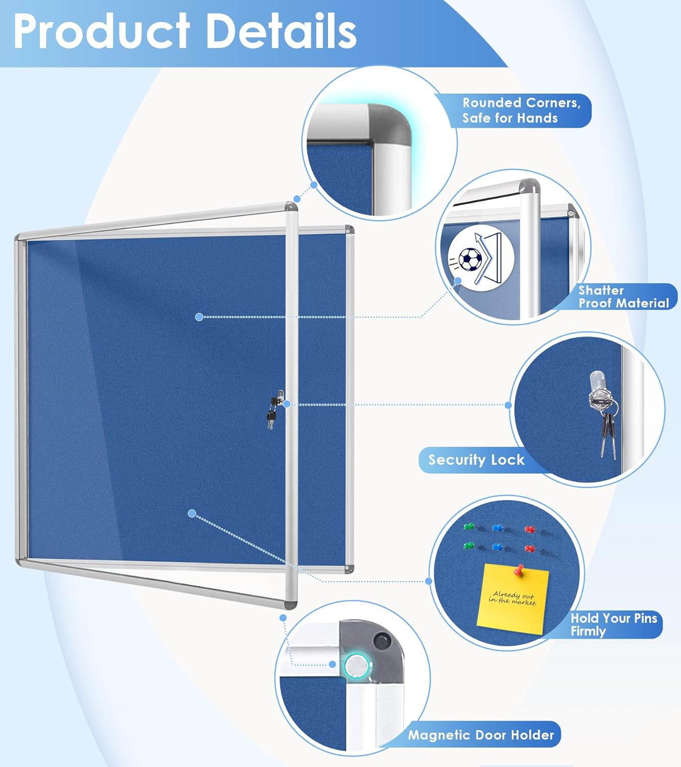SWANCROWN Pins Bulletin Board Enclosed Lockable Noticeboard Glass Display Case for Home Office School,Blue Fabric,38"x38" (12xA4)