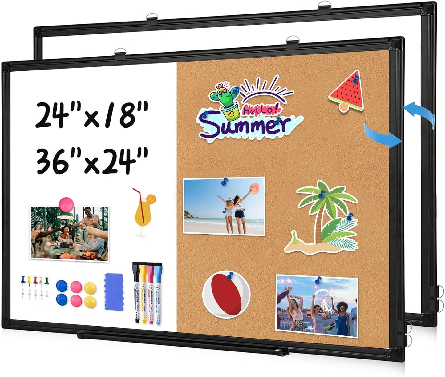 [24" x 18"] WALGLASS Dry Erase and Bulletin Boards Combo, Magnetic White Board Cork Board for Wall, Whiteboard & Corkboard Combination with Aluminum Frame, for Home, Classroom, Office