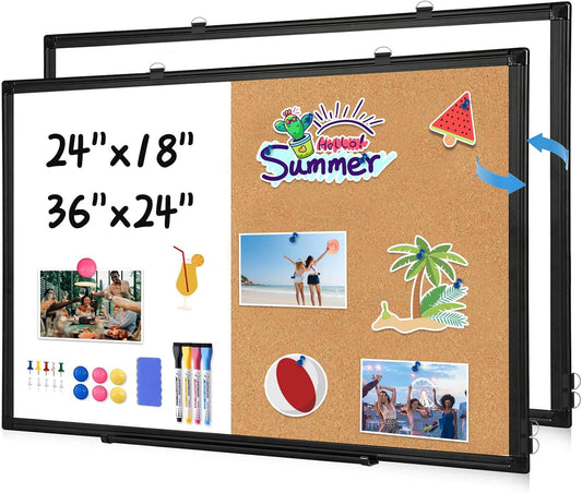 [24" x 18"] WALGLASS Dry Erase and Bulletin Boards Combo, Magnetic White Board Cork Board for Wall, Whiteboard & Corkboard Combination with Aluminum Frame, for Home, Classroom, Office