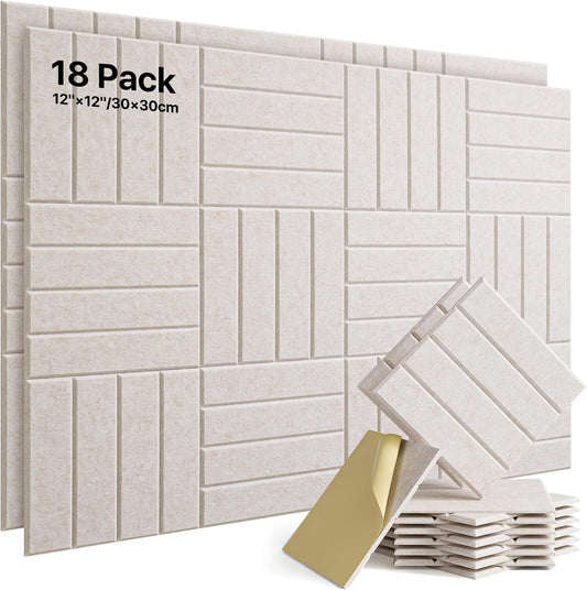 18 Pack Sound Proof Foam Panels for Walls, Self-Adhesive Acoustic Panels Sound Absorbing, 12" X 12" X 0.4" High Density Soundproof Wall Panels Tiles for Door, Ceiling, Home Office