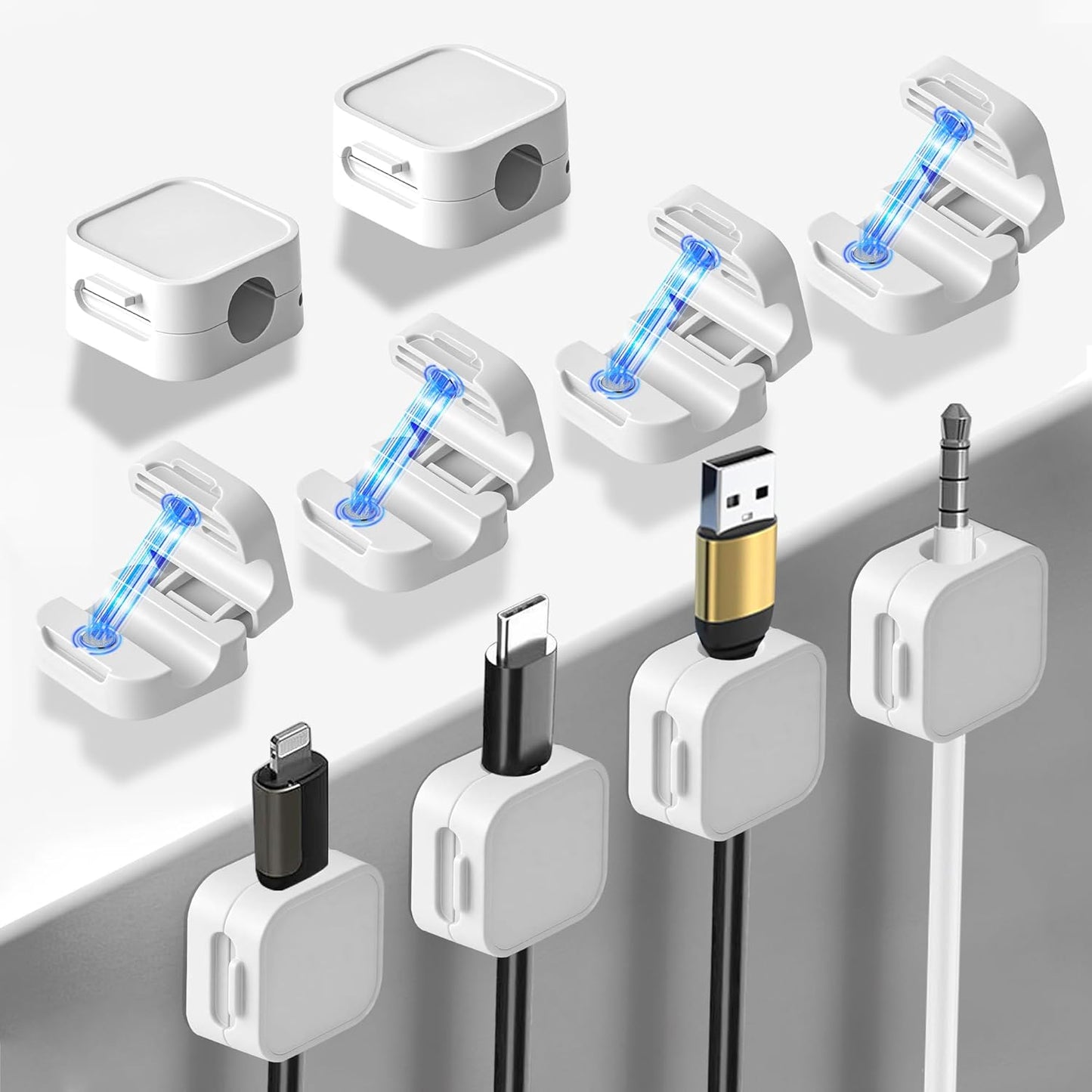 10 Pack Desk Cable Strong Adhesive Management Clips，Organize Phone Charging Magnetic Cable Wire Holder, Easy to Open, for Desk, Wall, Office, Car,Nightstand(White)