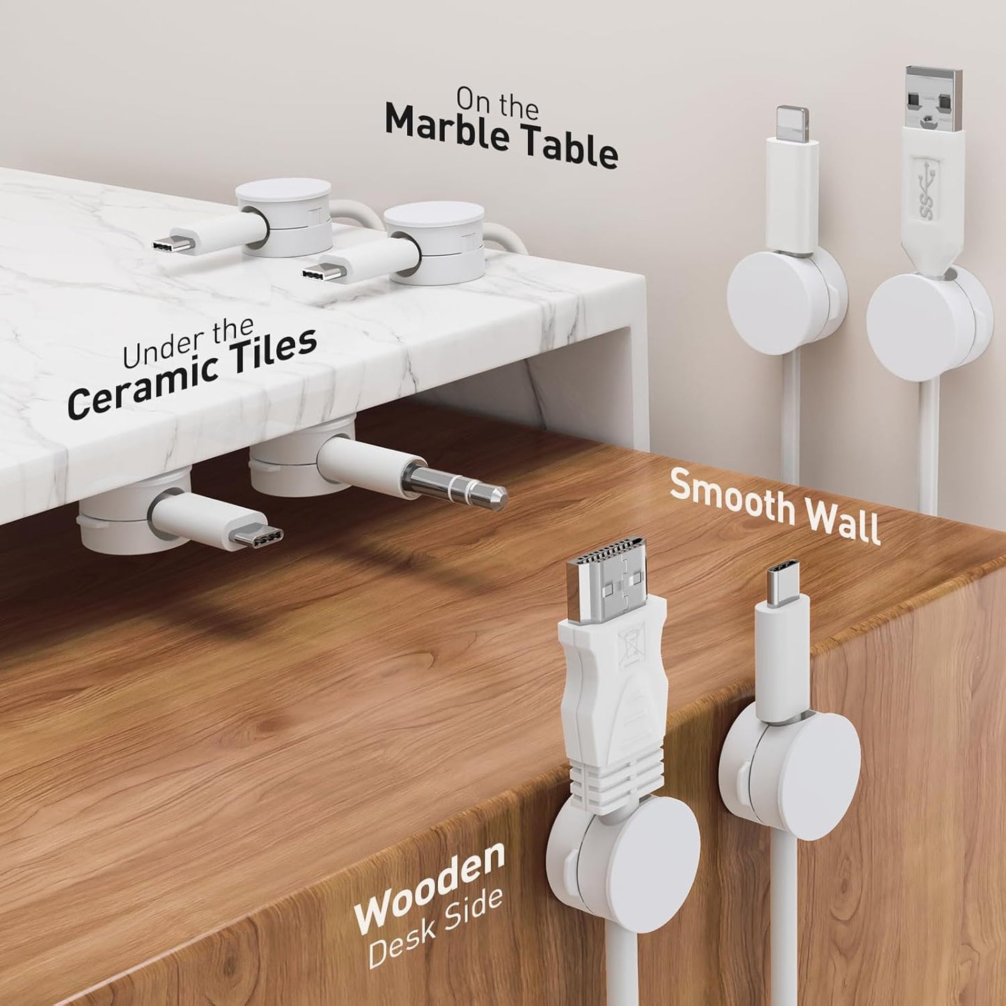 AGPTEK 8 Pack Magnetic Cable Clips, Upgraded 360° Rotatable Cord Holder Clips for Nightstand, Desk Cord Organizer Adhesive Wire Management Home Office Phone Charging Cords USB Cable Keeper (White)