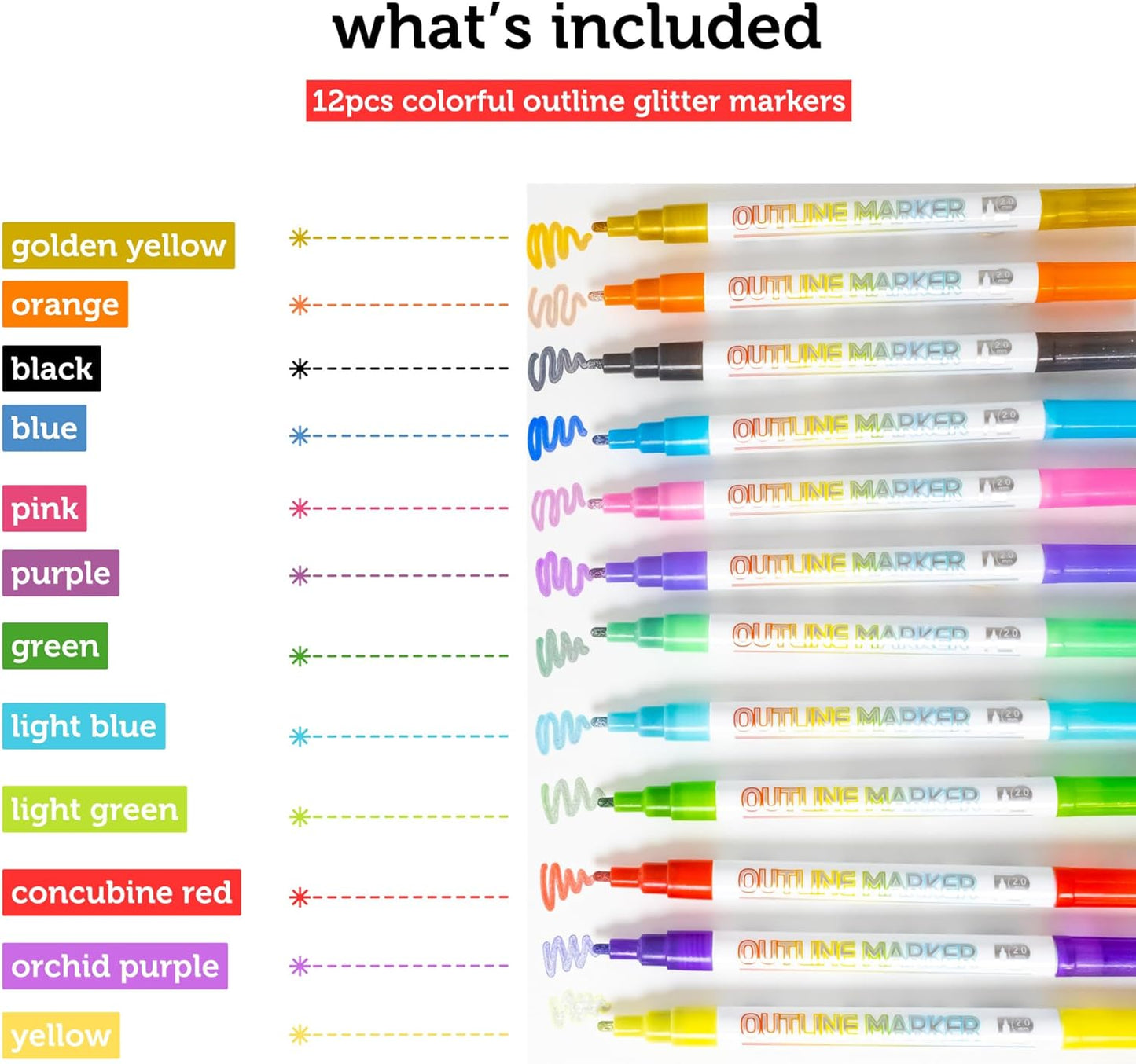 Incraftables Outline Glitter Markers (12 Colors) – Metallic, Double Line Pens, Shimmer Markers for Crafts, Greeting Cards, Drawing & Kids Adults