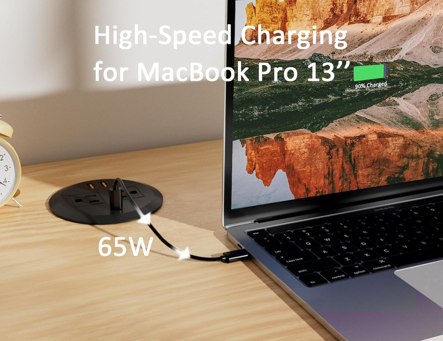 3 Inch Desktop Power Grommet,65W GaN USB C Fast Charging Station,3-USB Port,Flush Mounted for 3-1/8" Holes,Flat Plug.Round Recessed Desk Grommet Outlet for Workspace,Laptops,6.3ft,Black