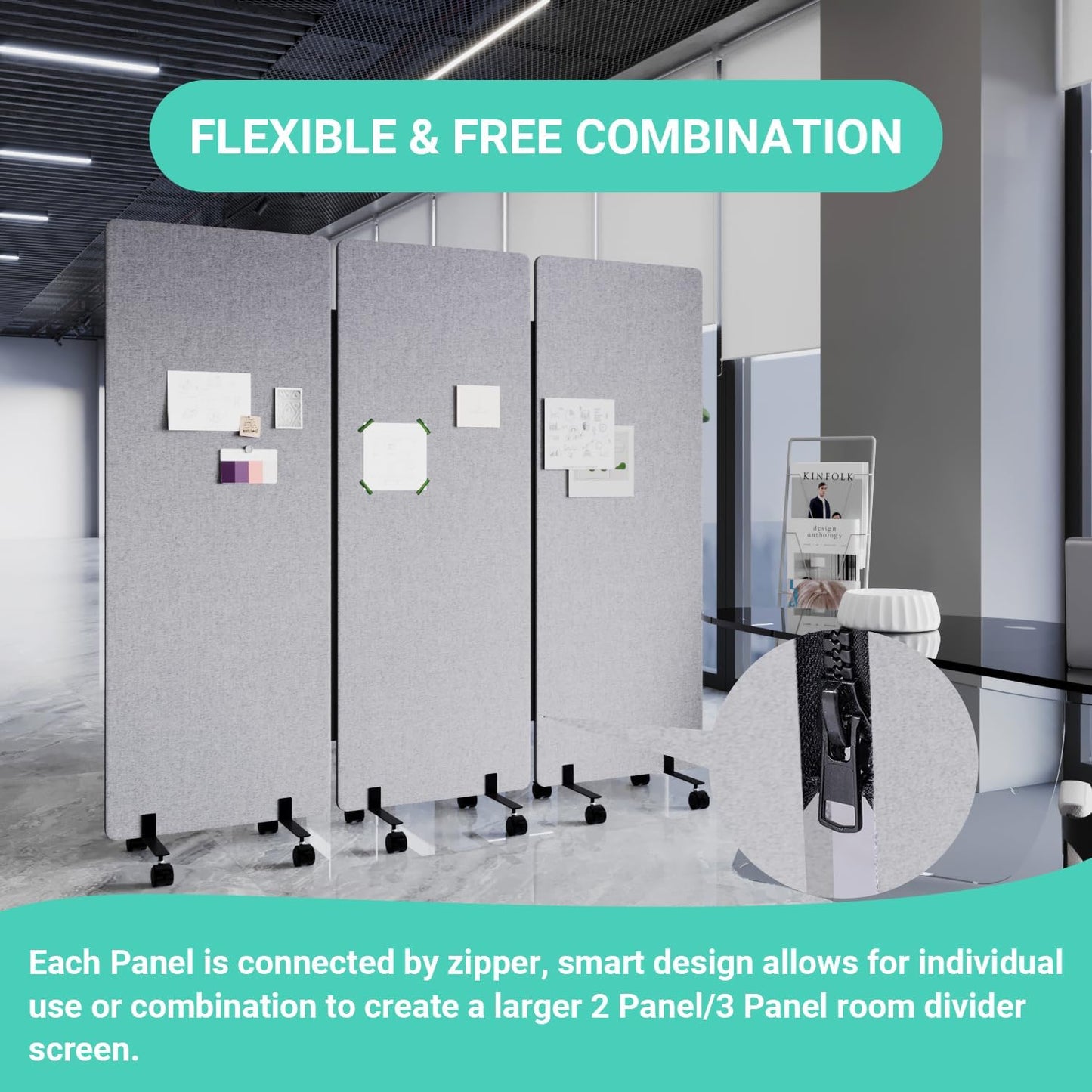 Soundproof Room Divider with Wheels, 66in Office Dividers for Sound Proofing & Reducing, 3 Panel Sound Proof Dividers for Office Partitions Portable Temporary Wall Acoustic Wall Divider，Light Grey