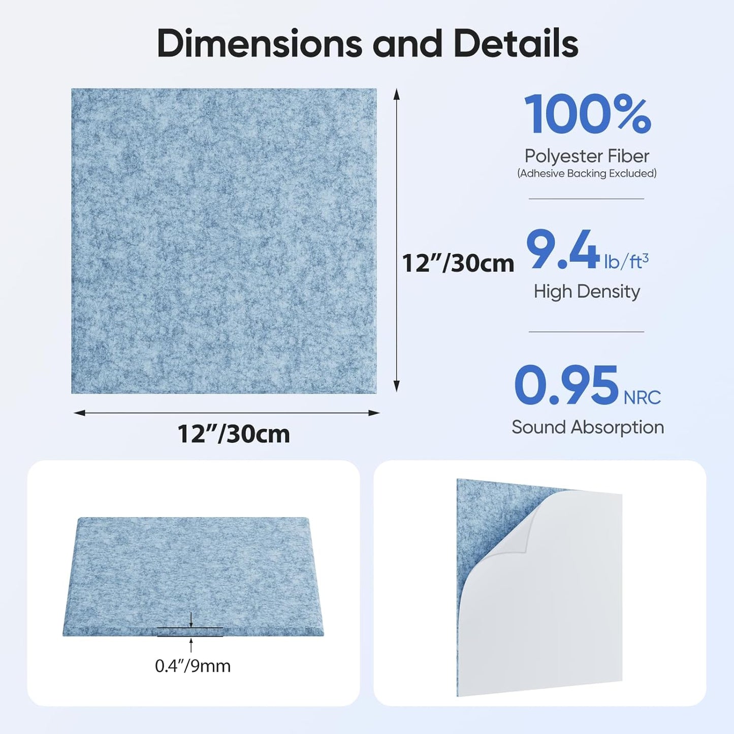 12 Pack 12" X 12" X 0.4" Acoustic Panels for Wall Sound Absorbing,Square Self-Adhesive Sound Panels, High Density Suitable for Multiple Scenarios(Light Sky Blue)