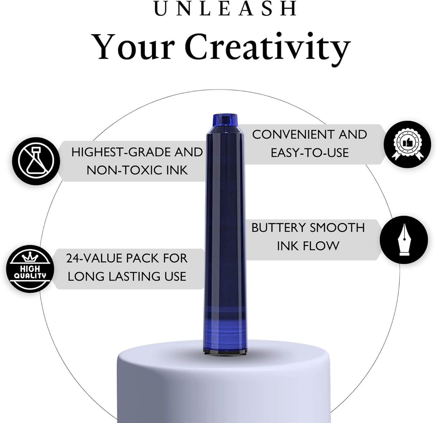 24 Blue Fountain Pen Ink Refills - 24 Pack International Standard Size Cartridges - Ink for Fountain Pens - Premium Quality & Non-Toxic, Long-Lasting & Waterproof, Dries Quickly