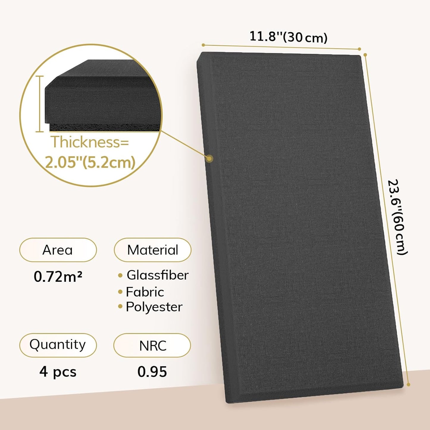 TONOR 4 PCS Large Acoustic Panel, 23.6″ * 11.8″ * 2.05″ 3D Fiberglass Sound Proof Panel with Full Self-adhesive, Decorative Echo Absorbing Wall Panel, for Studio, Living Room, Home, Office, Black