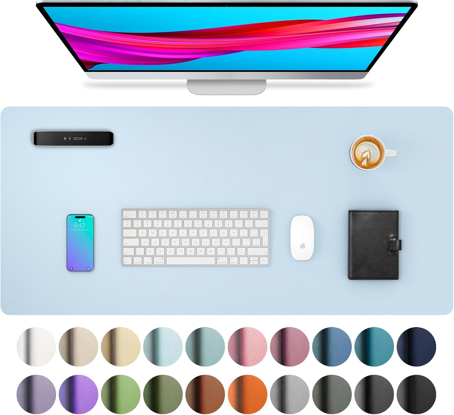 Aothia Leather Desk Pad Protector, Mouse Pad, Office Desk Mat, Non-Slip PU Leather Desk Blotter, Laptop Desk Pad, Waterproof Desk Writing Pad for Office and Home (23.6" x 13.7", Baby Blue)