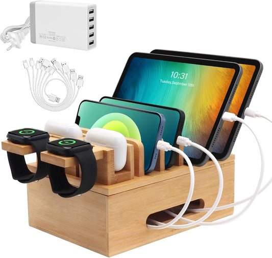 Bamboo Charging Stations for Multi Devices with 5 Port USB Charger, 6 Cables, Desktop Wood Docking Station Charger Organizer for Cell Phones, Tablets,Earphone, Watches