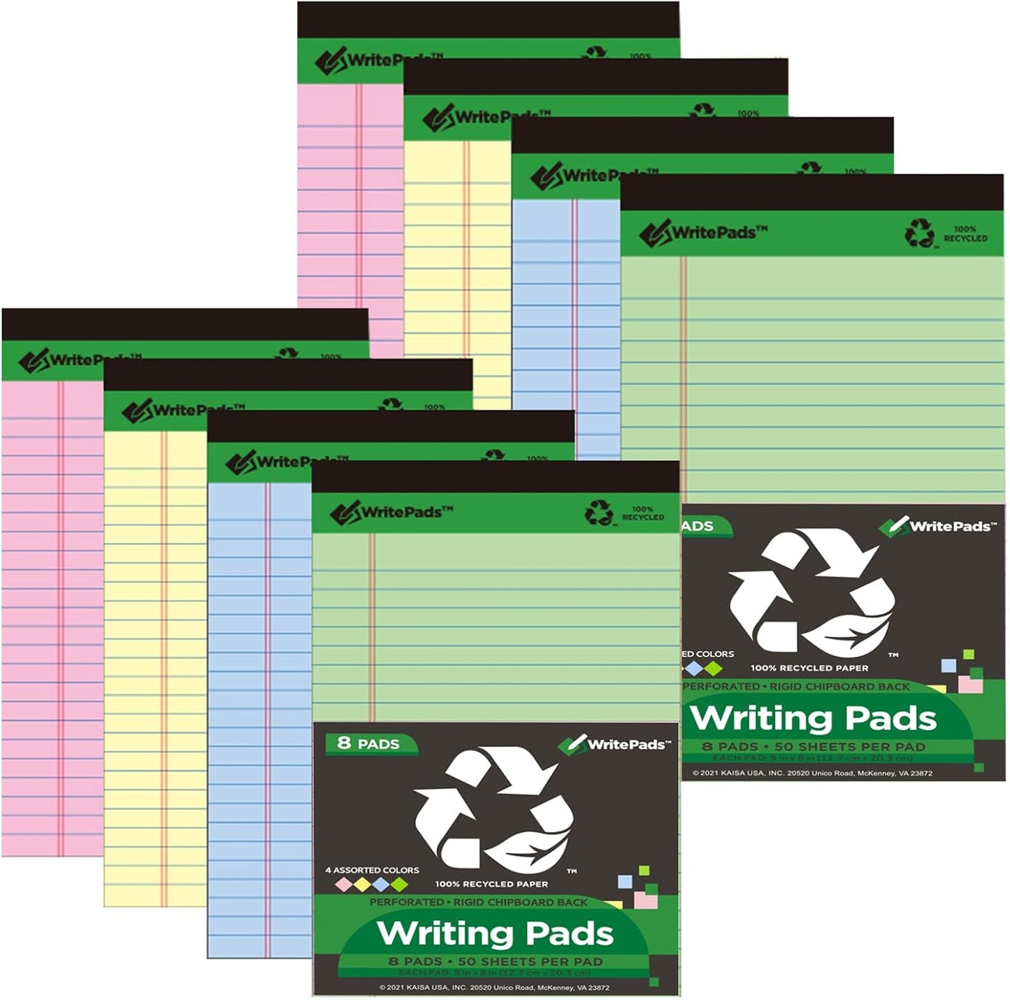 KAISA Colored Legal Pads - 5"x8" Narrow Ruled, 50 Sheets/Pad (8 Pads), Recycled Paper Writing Pad with Sturdy Back, Small Size for Easy Organization and Portability, KSU-6887