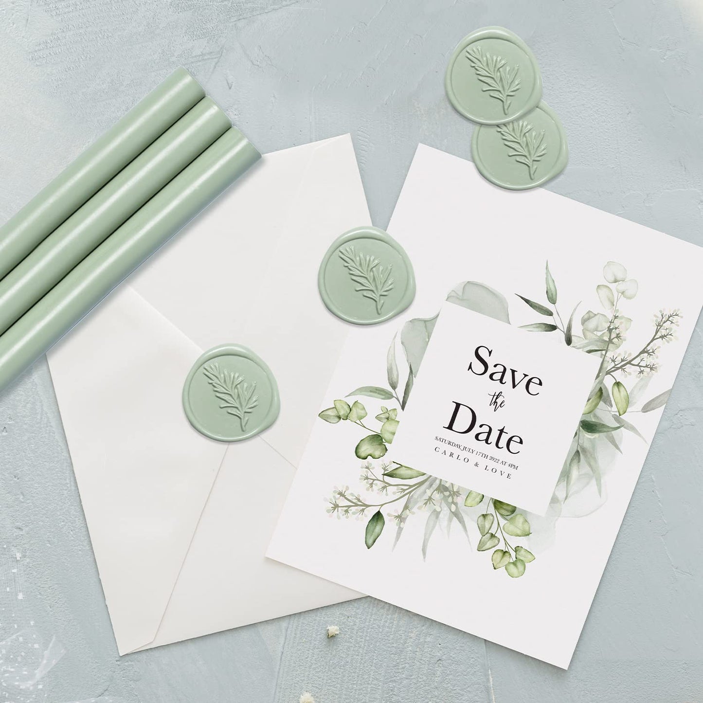 UNIQOOO Mailable Glue Gun Sealing Wax Sticks for Wax Seal Stamp - Sage Green, Great for Wedding Invitations, Cards Envelopes, Snail Mails, Wine Packages, Gift Ideas, Pack of 8