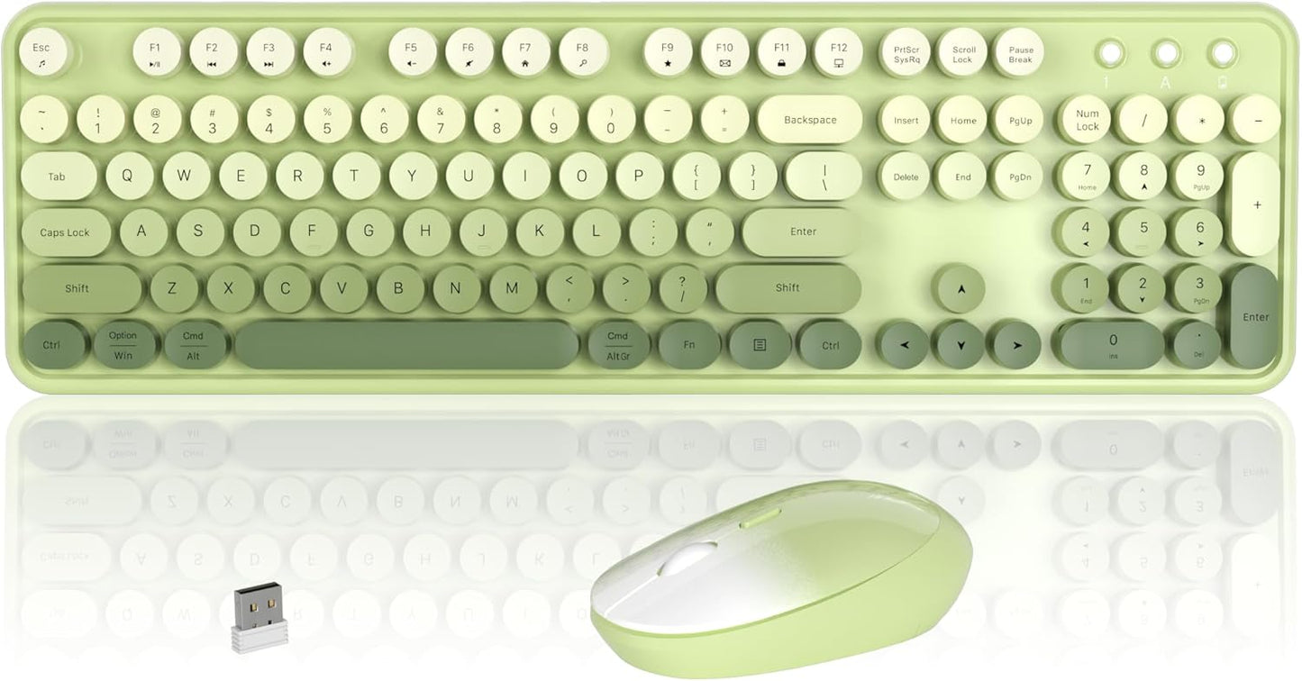 Colorful Wireless Keyboard and Mouse Combo, COVEVA 2.4GHz Wireless Retro Cute Round Keycaps Keyboard, 104 Keys Full-Sized Keyboard Mouse Set with Switch Button for PC Laptop Desktop (Green Gradient)