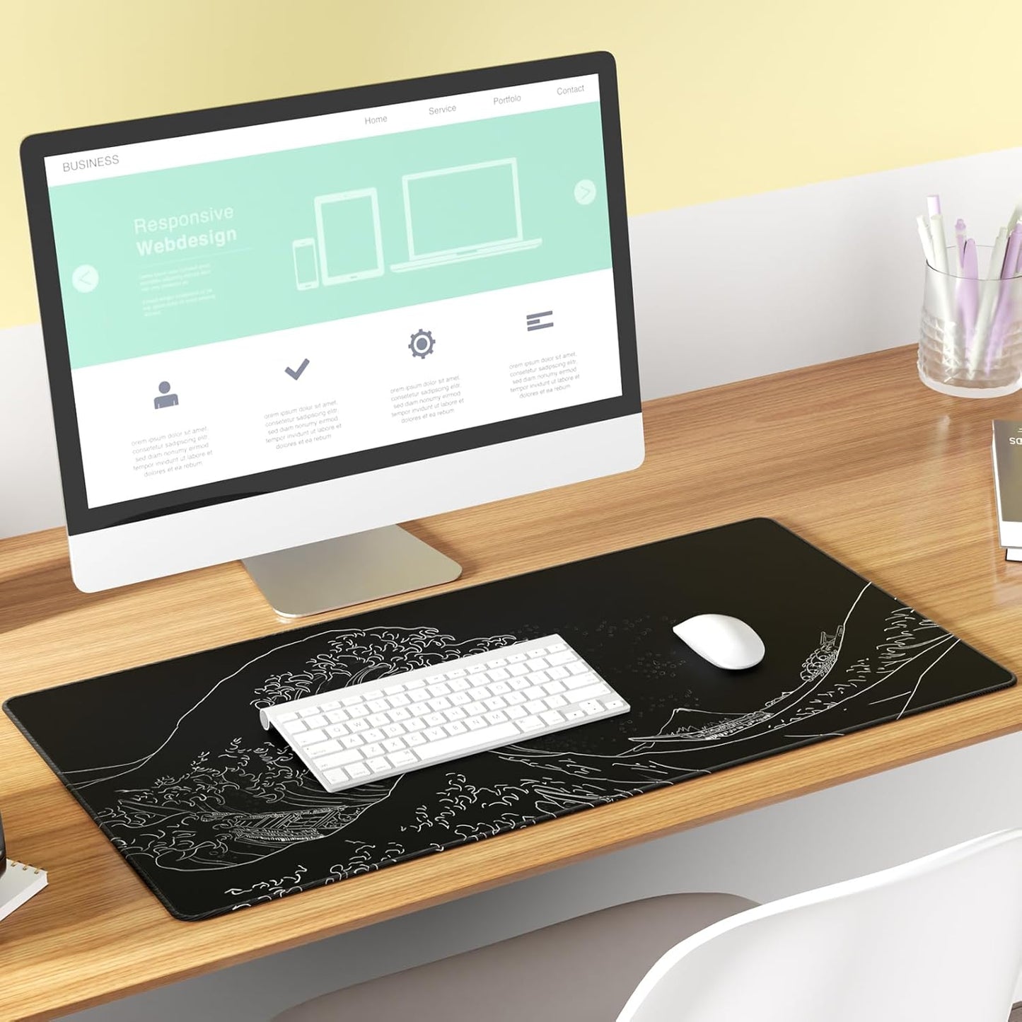 KTRIO Large Gaming Mouse Pad with Stitched Edges, Extended Mousepad with Superior Micro-Weave Cloth, Non-Slip Base, Water Resist Keyboard Pad for Gamer, Office & Home, 31.5x15.7in, Kanagawa Wave