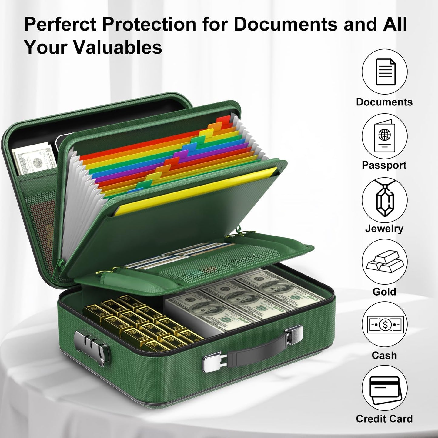 Fireproof Document Folder, Hard Fireproof Waterproof Document Box with Lock Creative Hard-Shell Design Fireproof Document Box for Important Documents Certificates Laptop Passports Green