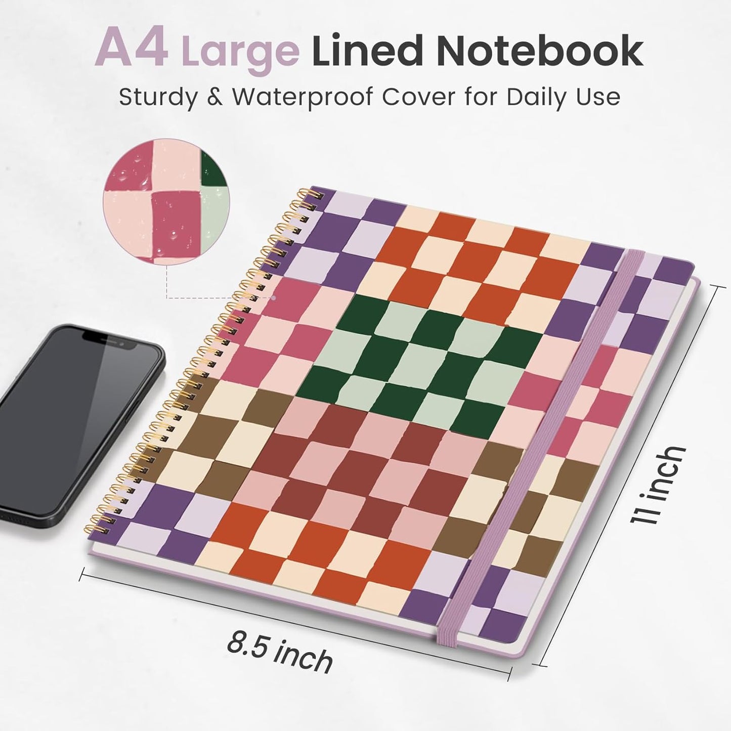 Taja Spiral Lined Notebook, 8.5"x11" Notebooks for Work, Large A4 Journal for Women & Men, College Ruled Journaling Notebook for Writing, Plastic Cover Spiral Journal, Checkered