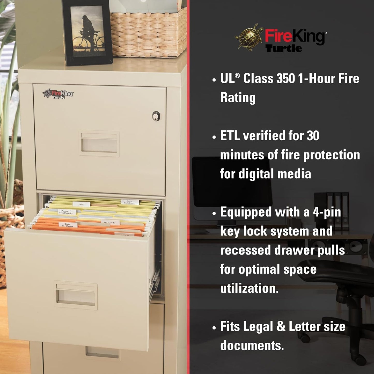 FireKing Turtle Vertical 4 Drawer Legal and Letter Fire Safe File Cabinet with Key Lock, 1 Hour Fire Rated, UL Rated & Water Resistant Home Safe, Filing Cabinet, Made in The USA, Parchment