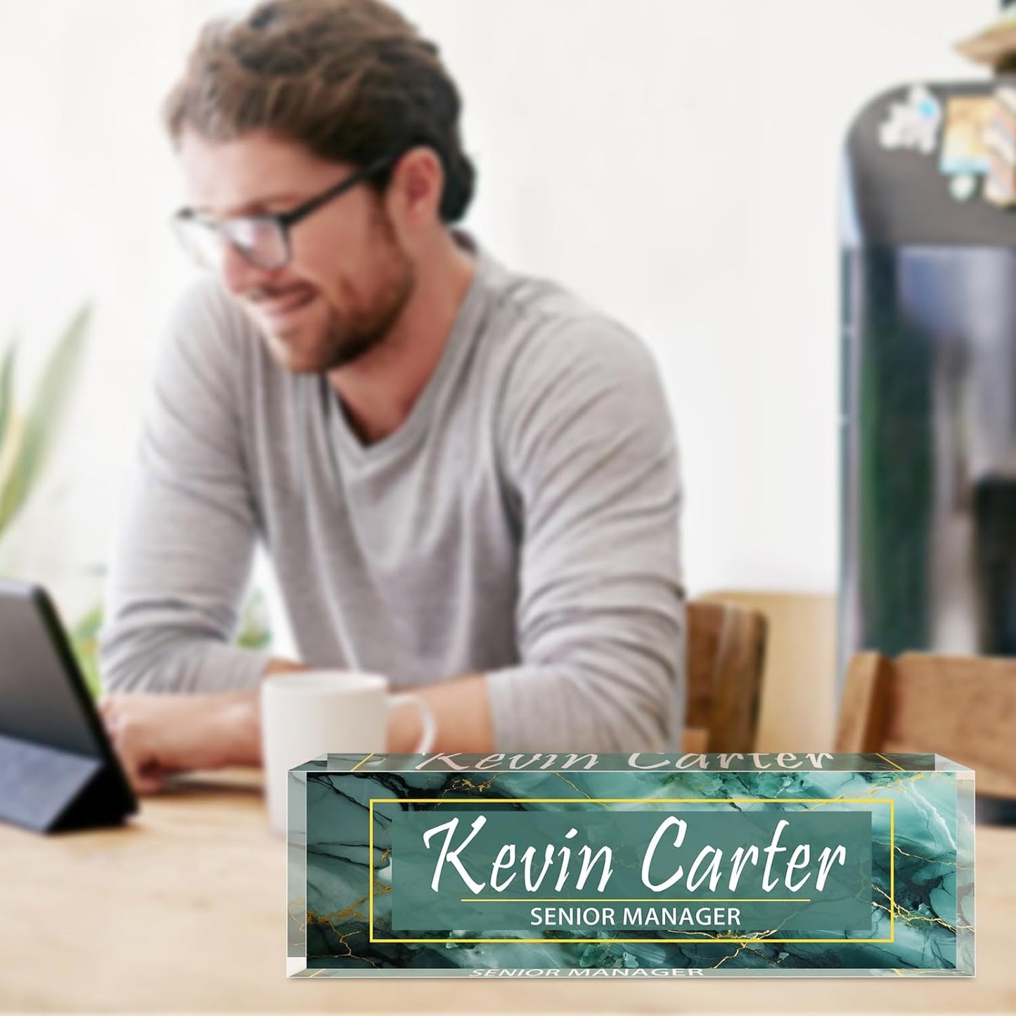 Name Plate for Desk Personalized, Acrylic Desk Decorations, Employee Appreciation Gifts, Custom Office Gifts for Coworkers, Boss, Teacher, Nurse (Green Marble)