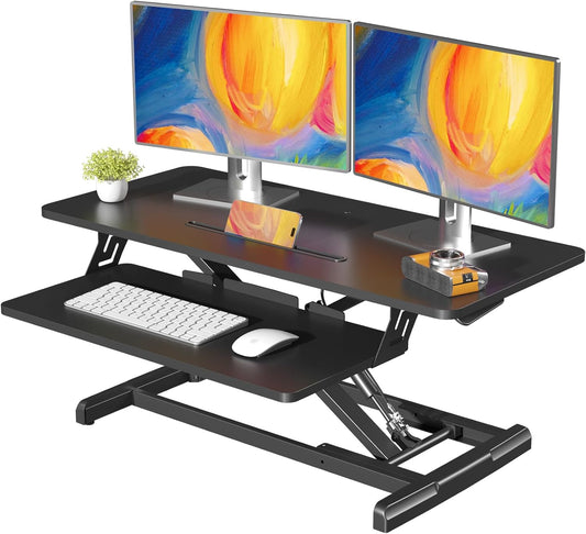 JOY worker Standing Desk Converter, 35" Wide Height Adjustable Sit Stand Up Desk Riser with Keyboard Tray, Desktop Workstation Riser for Home Office Computer Laptop, Particle Board, Black