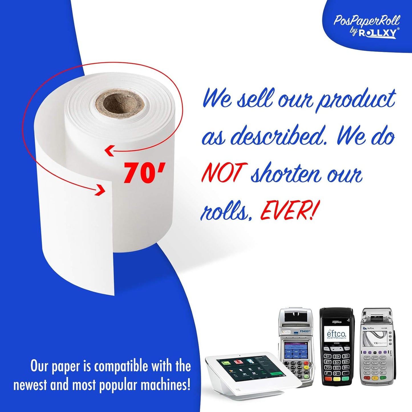 2-1/4 X 70 Thermal Paper Verifone VX520 Ingenico ICT220 ICT250 First Data FD400 Nurit 8000 8020 STP103, 50 BPA Free Rolls by Rollxy