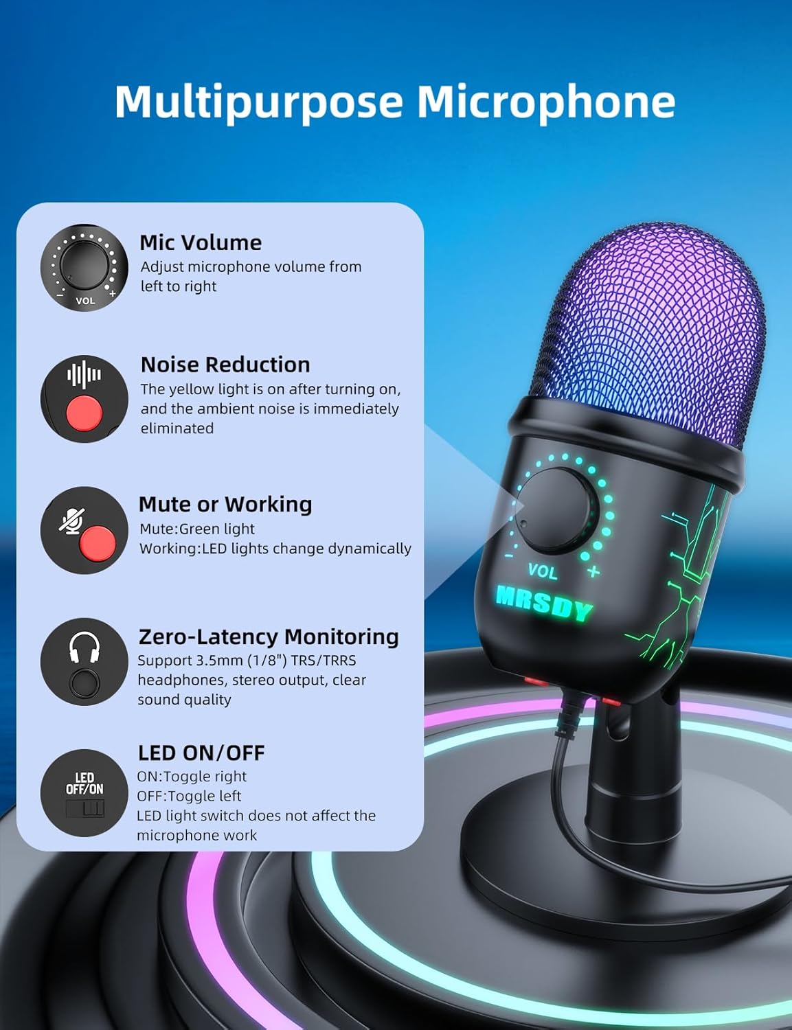 USB Microphone for PC, Mac, PS4, PS5, RGB Computer Microphone with Monitor, Mute and Noise Reduction, Great for Recording, Streaming, Gaming, Podcasting