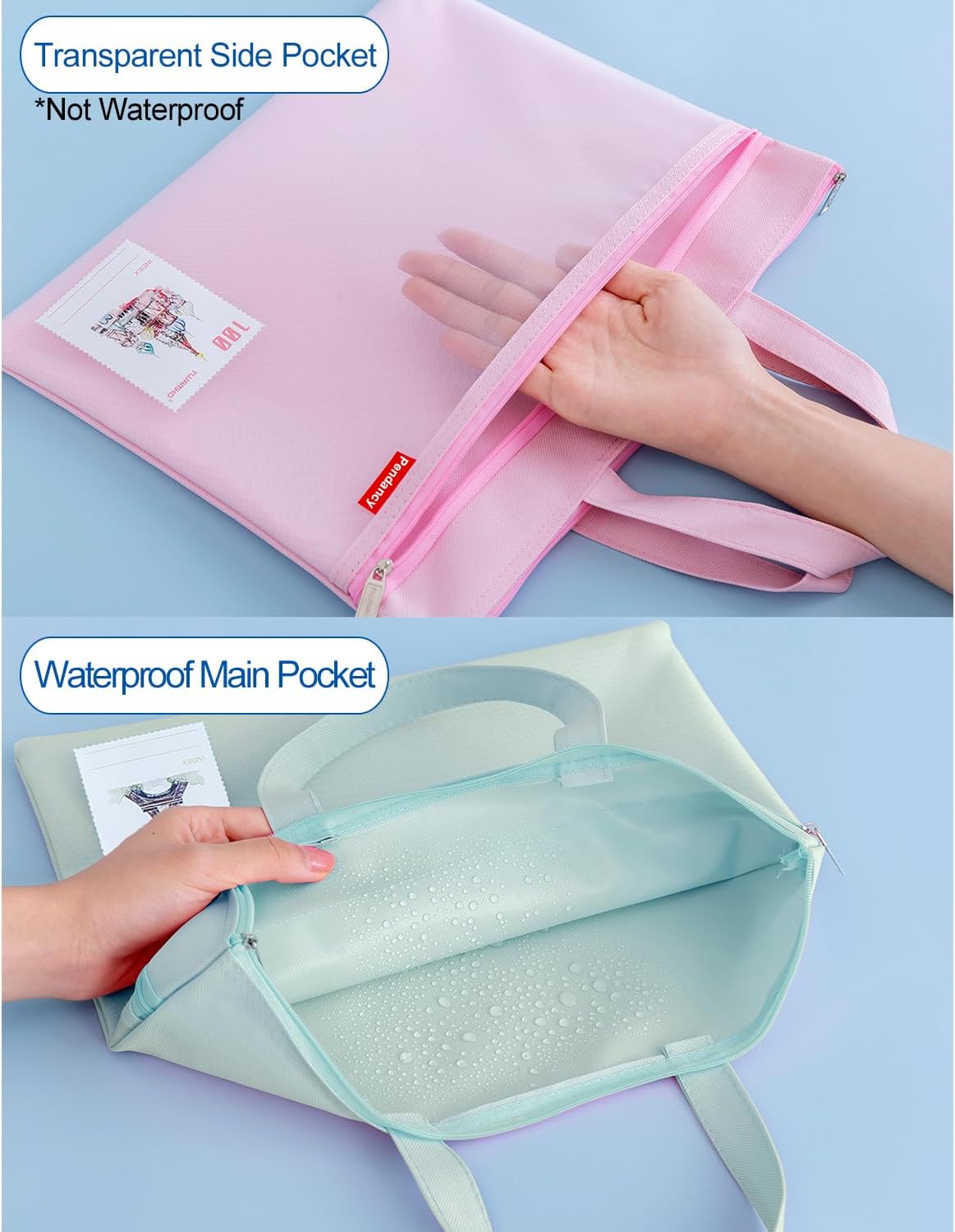 Pendancy Mesh Zipper Pouch 11x13.7 in, Large Double Pocket Waterproof File Bag with Handle, A4 Size Foldable Document Storage for Puzzle Project/Cross Stitch/Travel/Office（Green）