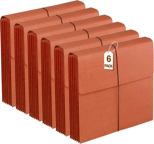 6 Packs Expanding File Pockets with Flap,Heavy Duty Expandable Folder Bag,Accordion File Folder,Elastic Cord Closure,Kraft Accordion File Organizer for Office,School,Home,Letter Size