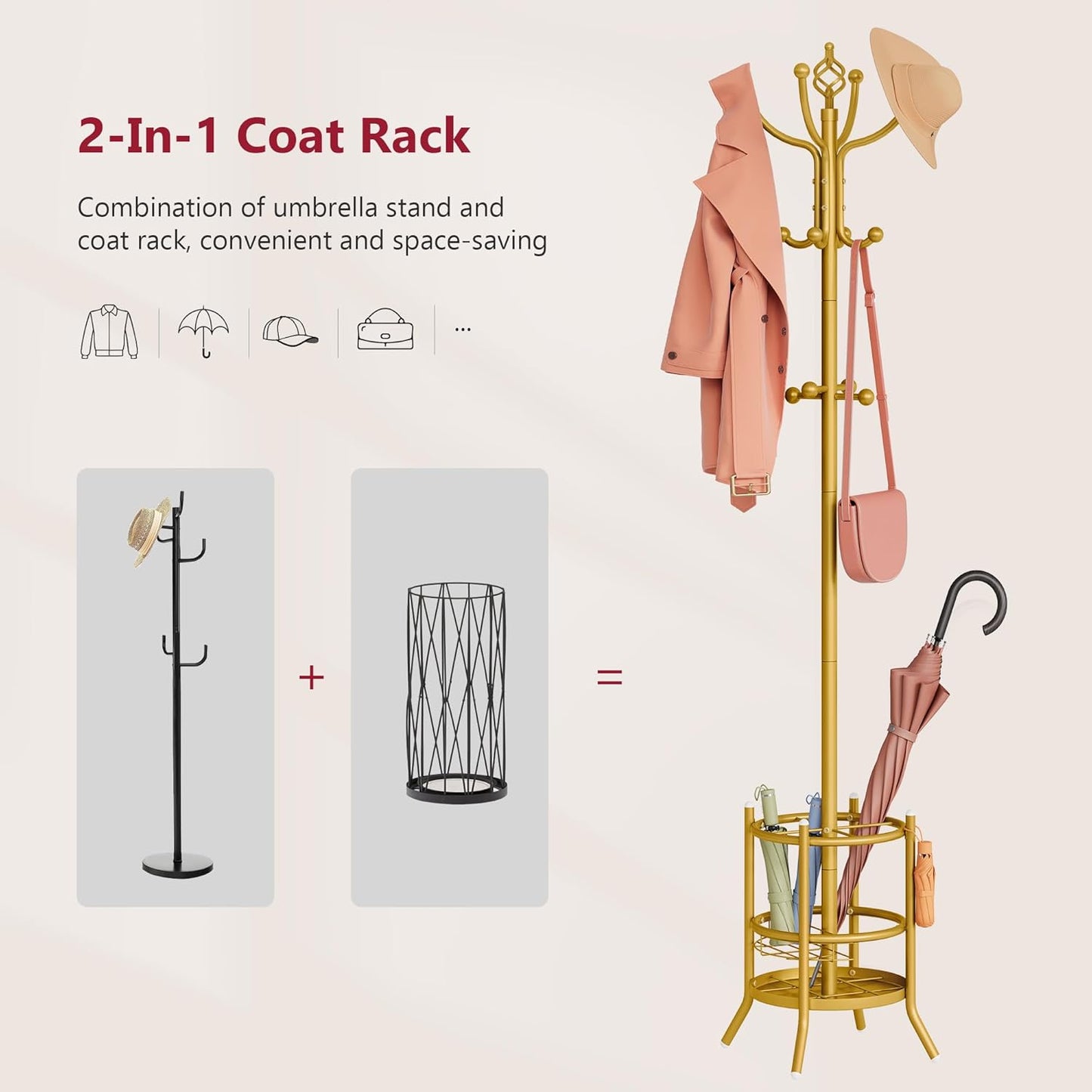 Tajsoon Coat Tree with Umbrella Holder, Coat Rack Freestanding, Coat Hangers Stand with 16 Hooks, Standing Coat Rack for Living Room, Bedroom, Office, Gold