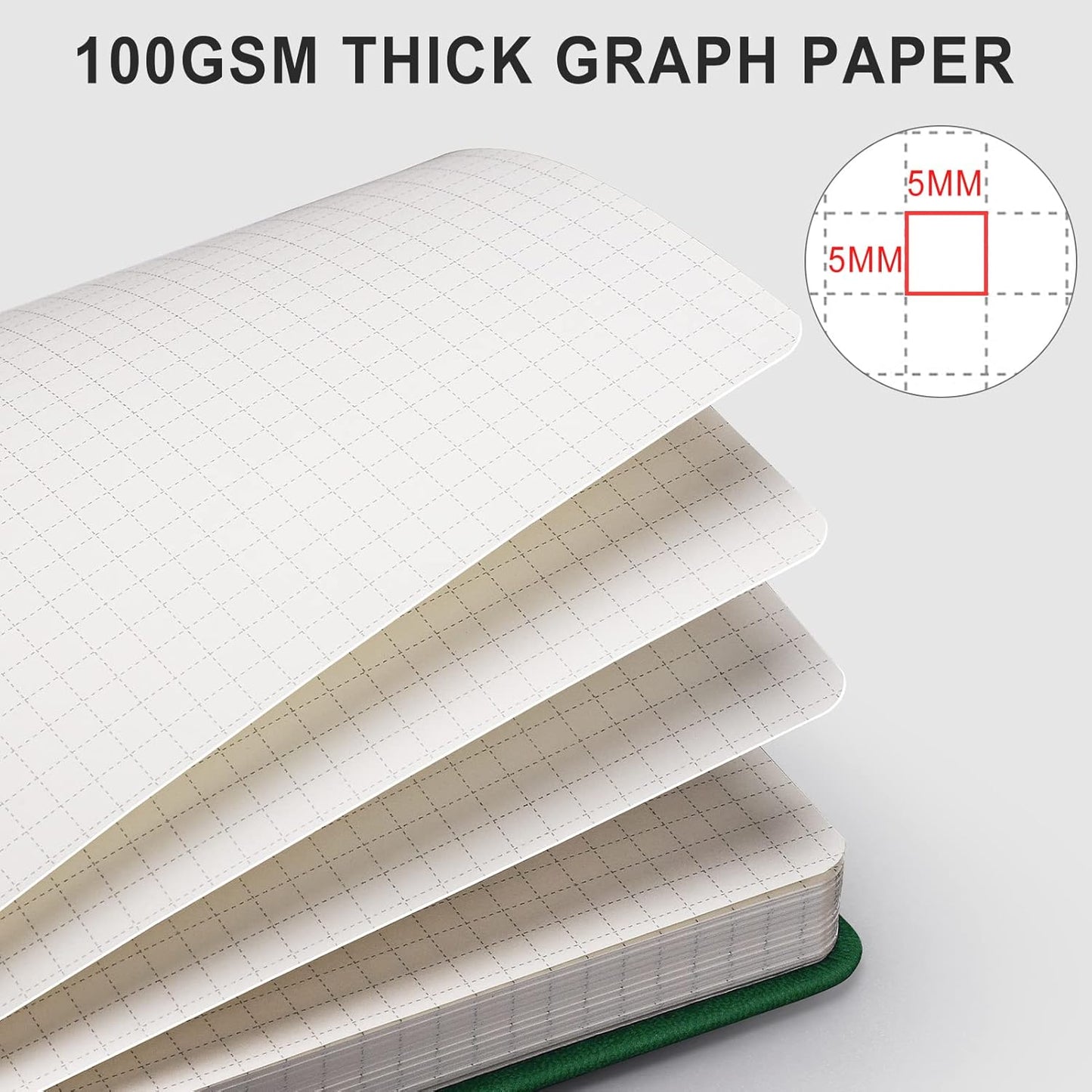 AHGXG Graph Paper Notebook - 320 Pages Grid Notebook Thick Journal A5, 100gsm Thick Graph Paper, Leather Hardcover, Inner Pocket,5.75'' × 8.38''- Green