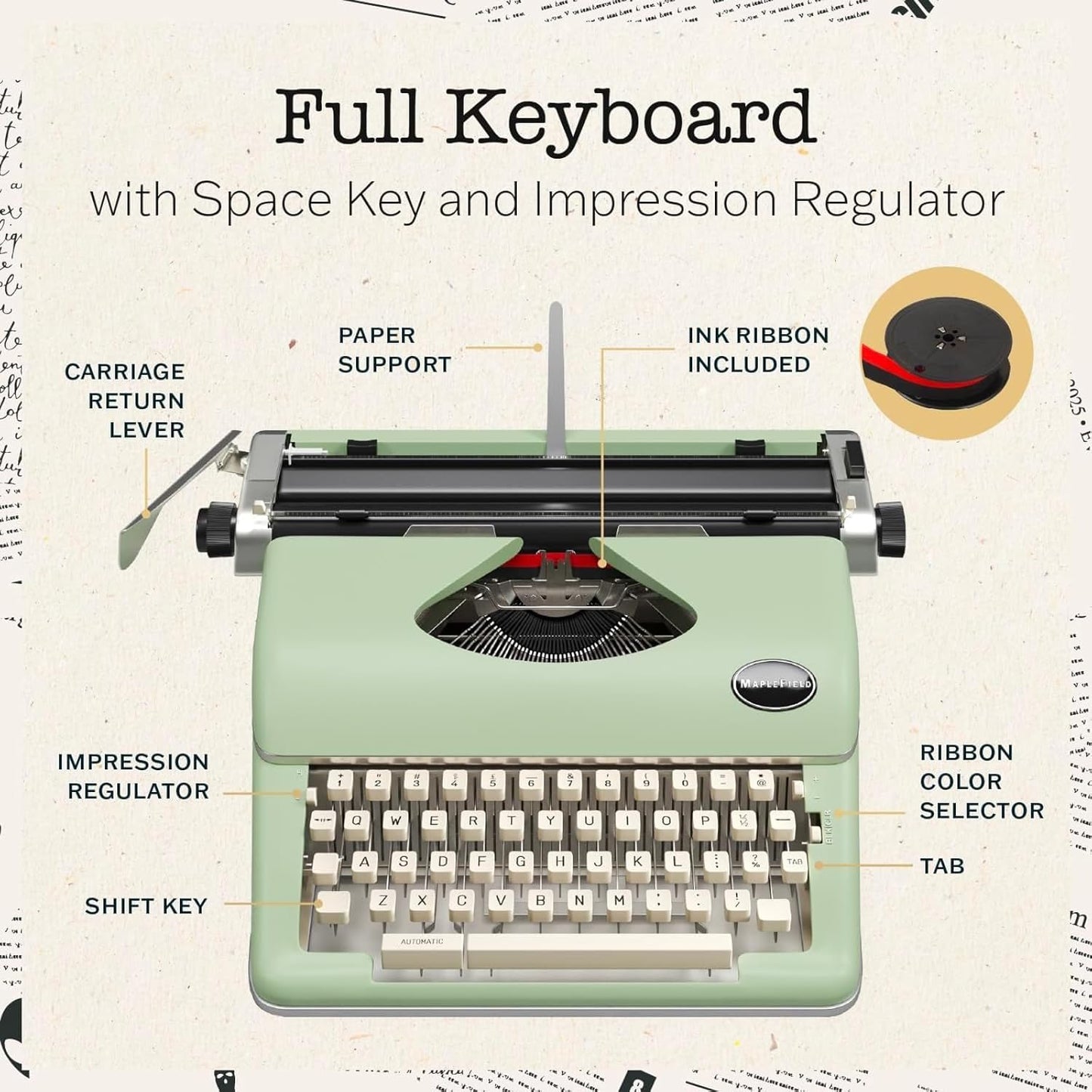 Maplefield Vintage Manual Typewriter - Seafoam Green, Standard 8 x 11 in Paper - Home & Office Decor - Portable Word Processor & Writing Machine