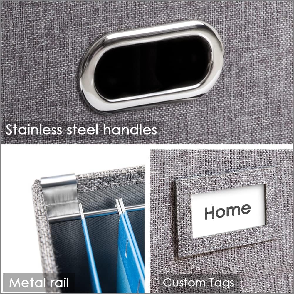 PRANDOM File Organizer Box - Set of 2 Collapsible Decorative Linen Filing Storage Hanging File Folders with Lids Office Cabinet Letter/Legal Size Grey (17x14x11.2 inch)