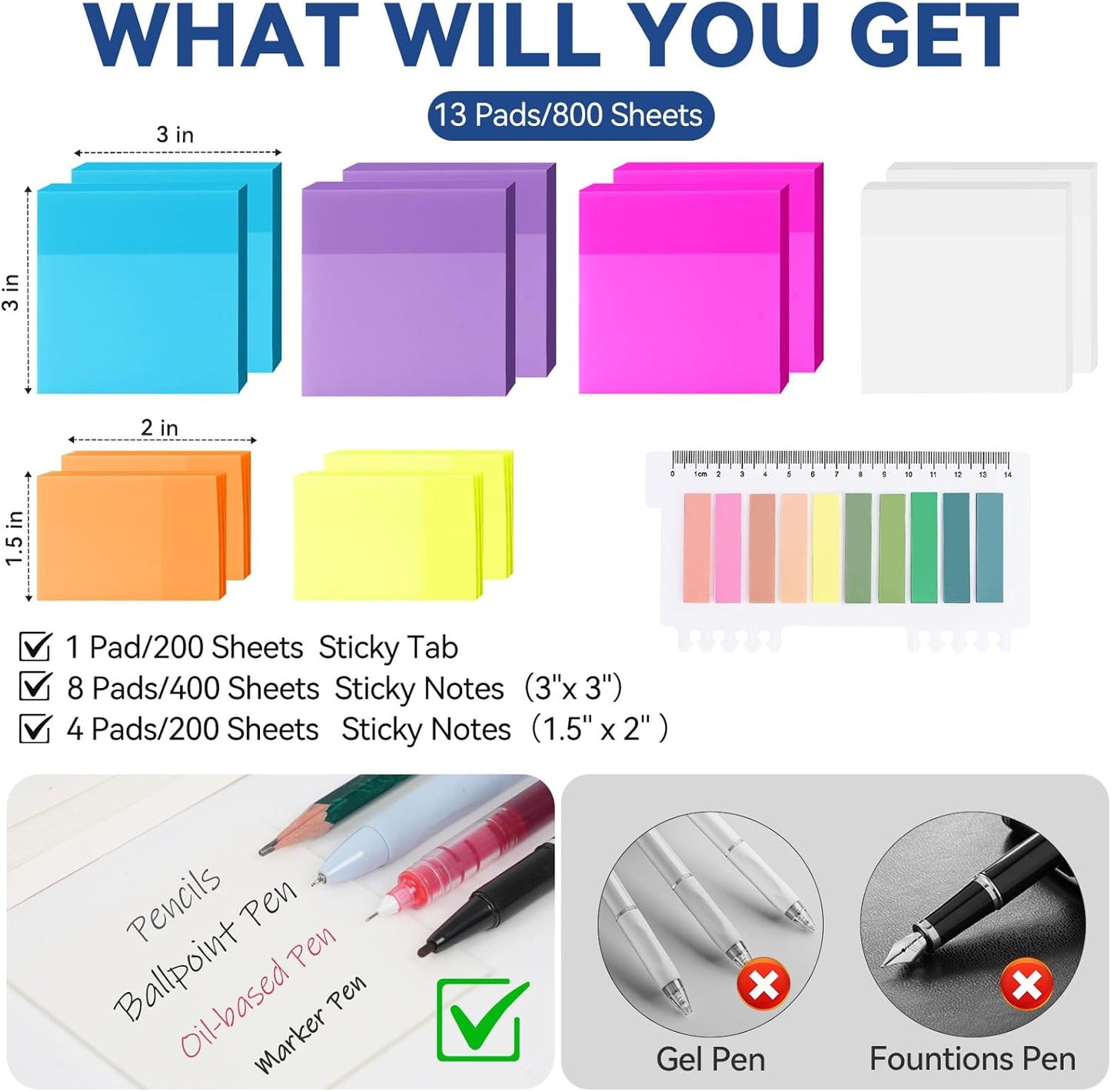 500 Sheets Transparent Sticky Notes with Index Tab, Waterproof & Crystal Clear Sticky Notes Sets, See-Through PET Sticky Note, 5X The Sticking Power Translucent Sticky Note Pad, 7 Pads