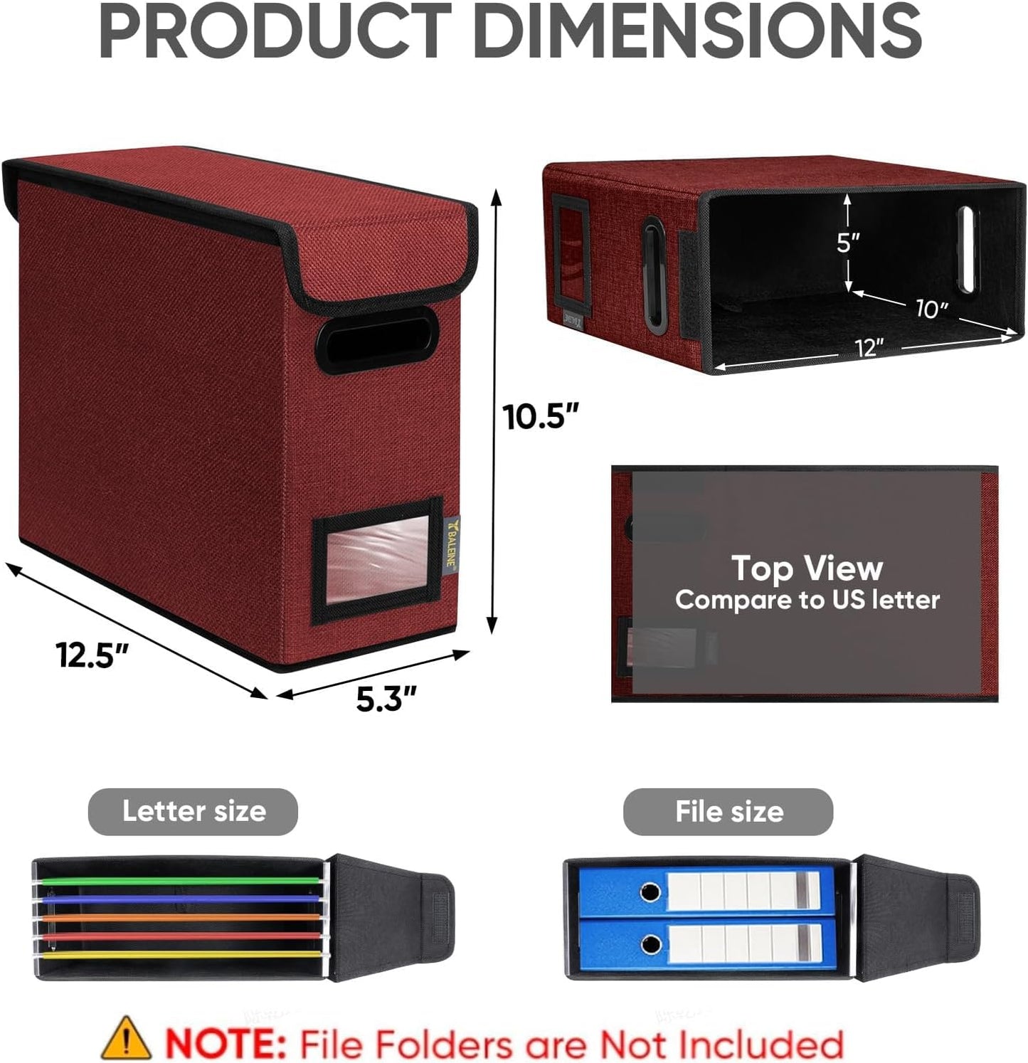 BALEINE File Organizer Box with Lid, Collapsible File Folder Organizer with Plastic Slide, Hanging File Folder Box for Office Document Storage (1 Pack, Red, S)