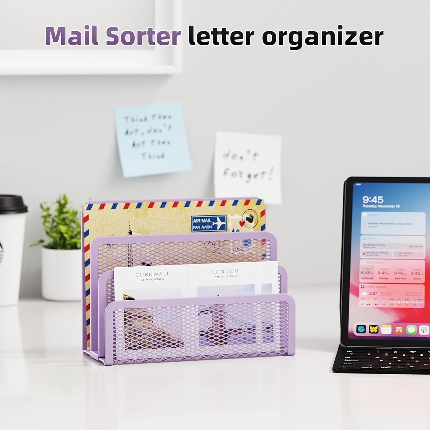 Marbrasse Mail Organizer for Desk, 3-Slot Mesh Metal Mail Holder countertop, Letter Holder, Office Desktop Envelope and Document Storage Rack (Purple)