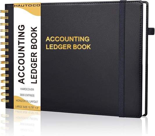 HAUTOCO Hardcover Accounting Ledger Book for Small Business Bookkeeping Horizontal Money Expense Tracker Notebook with 2 Storage Pouch, Personal Columnar Log Journal 10.78 x 8'', Black