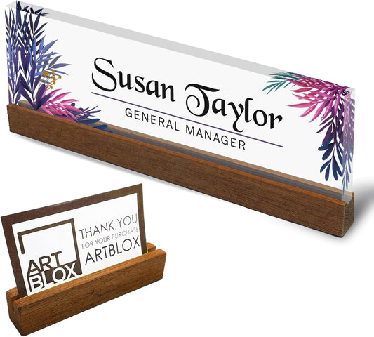 Artblox Personalized Office Desk Name Plate and Business Card Holder | Clear Acrylic Glass with Teak Wood Stand | Leaf Design Customized with Your Name and Credentials Office Desk Decor
