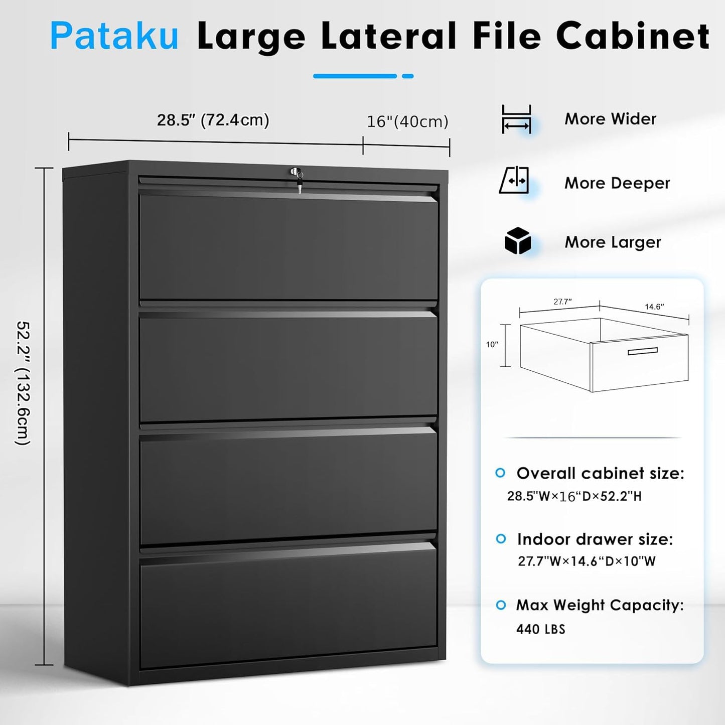 Pataku 4 Drawer File Cabinet with Lock, Metal Lateral File Cabinets for Home Office 4 Drawer, Locking Filling Cabinets for Hanging Files Letter/Legal/F4/A4 Size (Blcak)
