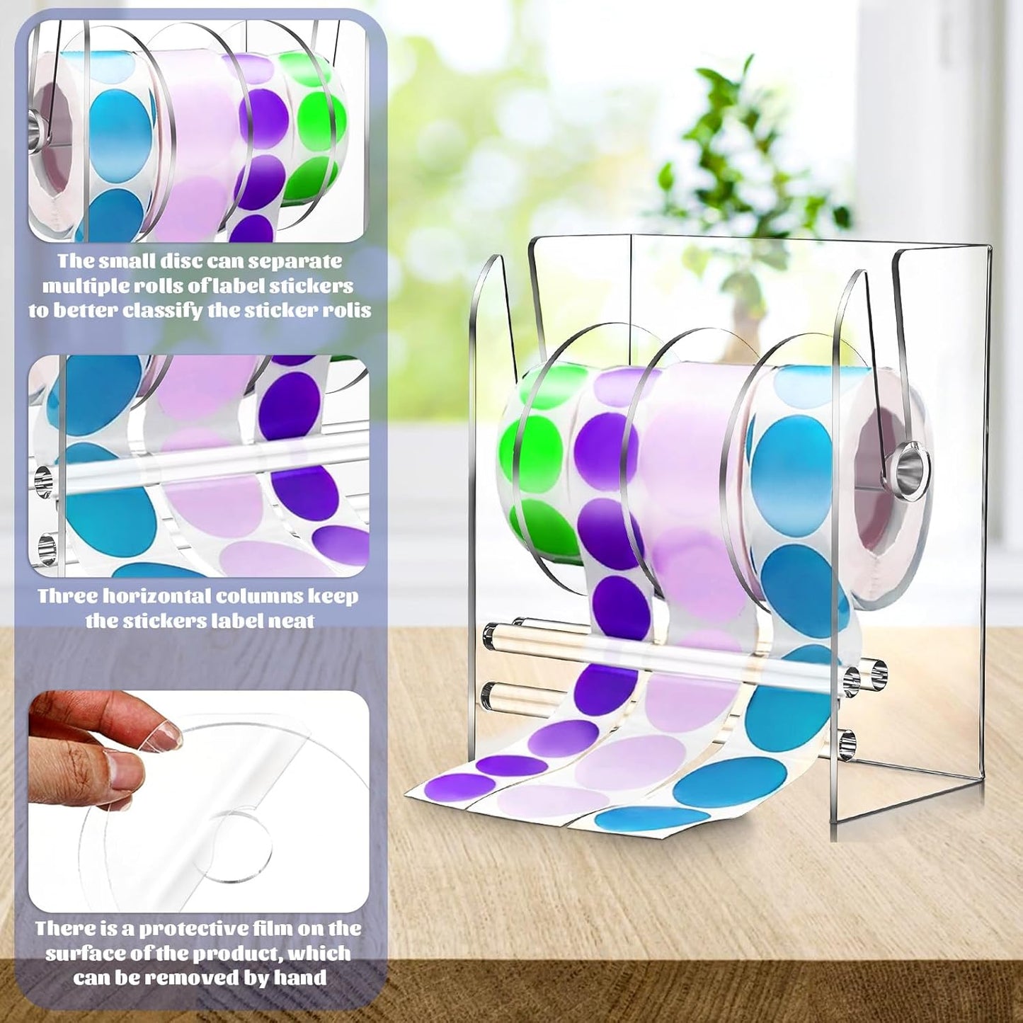 Adjustable Label Dispenser, 4 Disks Acrylic Sticker Dispenser Sticker Roll Holder Clear Label Roll Holder Organizer Label Holder for Holding Office and Home