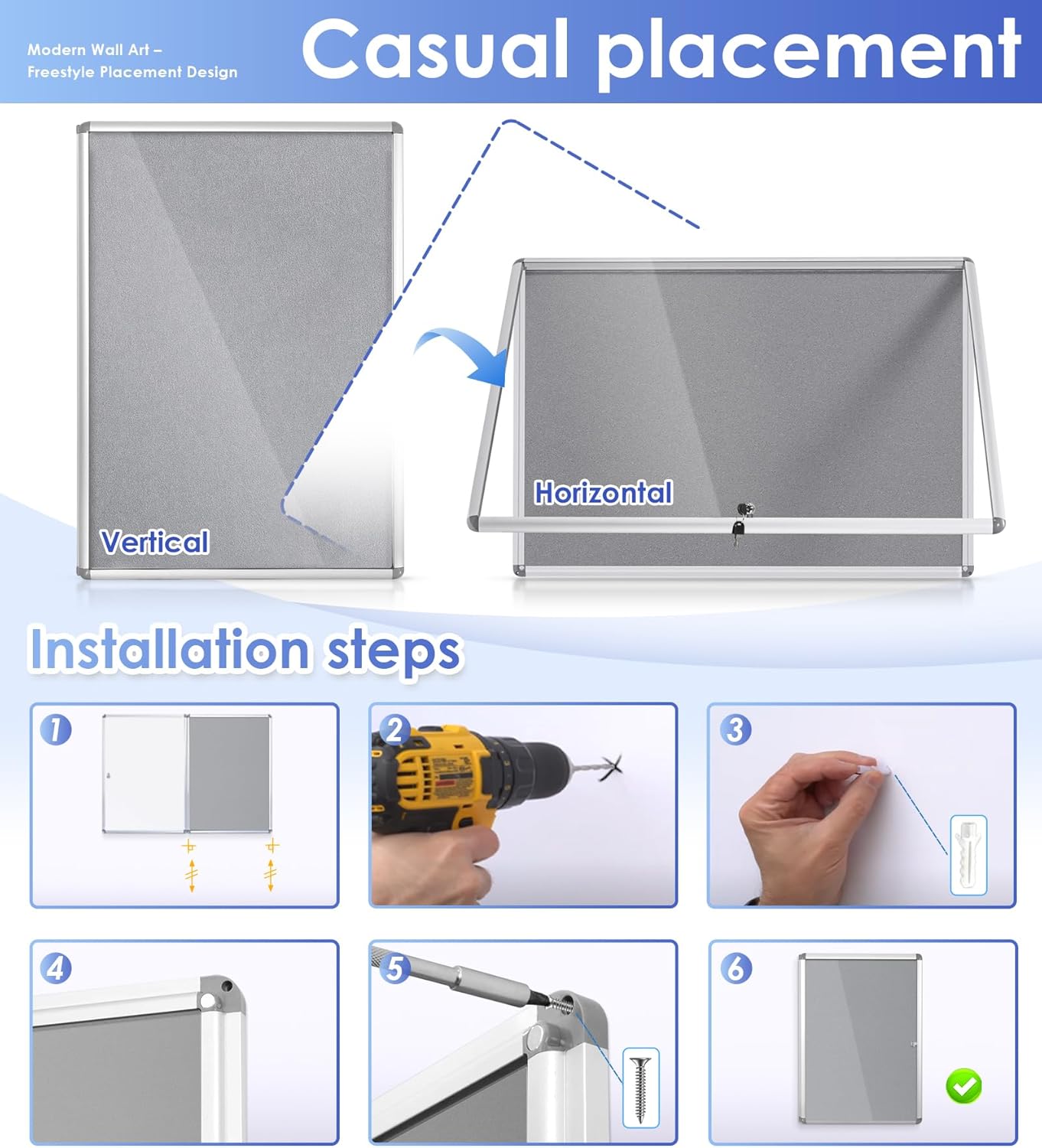 SWANCROWN Enclosed Bulletin Board 36x24 in, Tamperproof Lockable Grey Felt Board Wall Display Case for Office School Home, Aluminum Frame