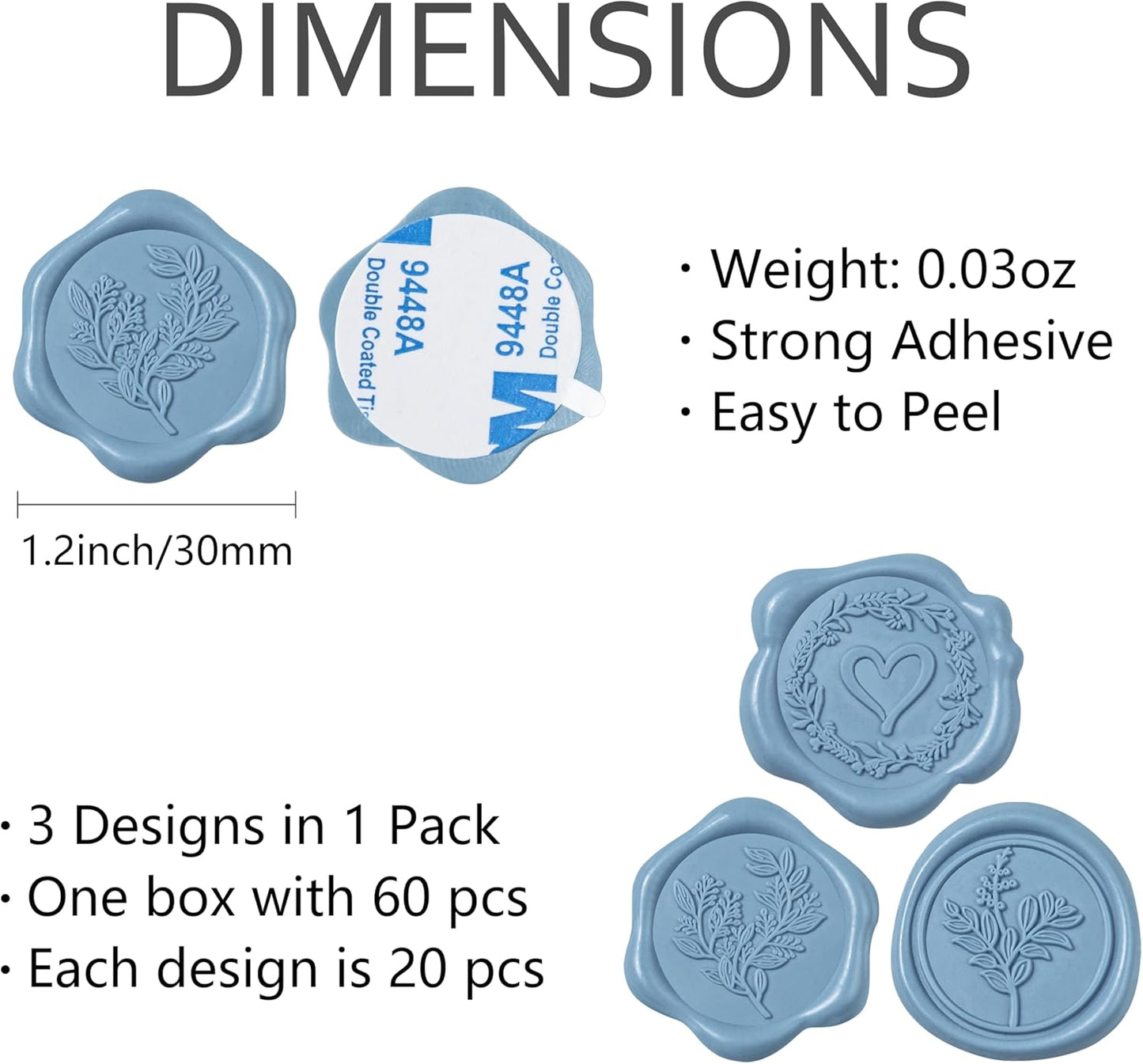 60 Pcs Dusty Blue Wax Seal Stickers Self-Adhesive Envelope Seals Stamp Stickers, Perfect for Wedding Invitations Seating Chart Christmas Gift Wrapping 3 Designs in 1 Pack