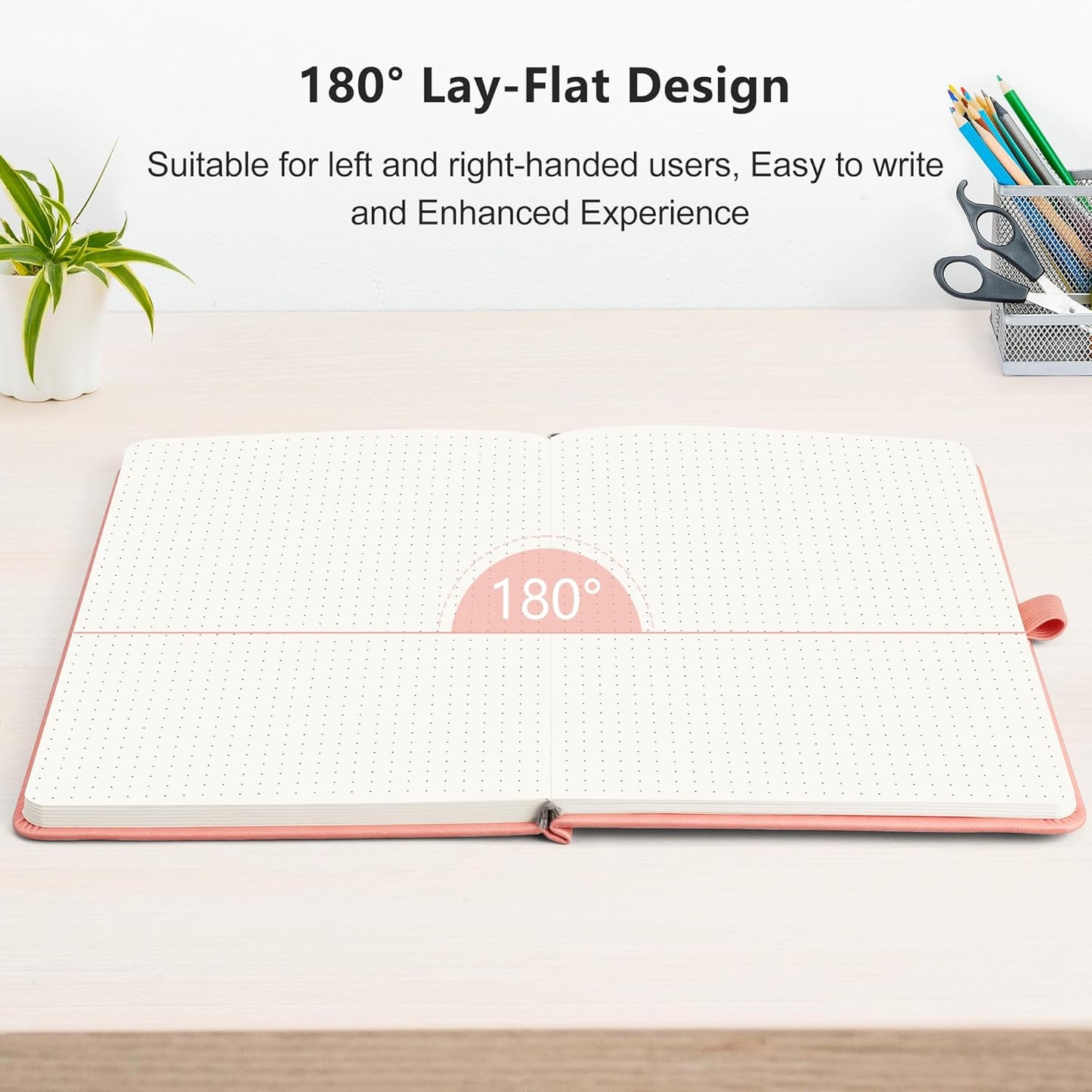 RETTACY Bullet Dotted Journal Notebook, 256 Pages, A5 Medium Size (5.7'' × 8.3''), Leather Hardcover, 120 GSM Thick Paper, for Bullet Journaling, Planning, Tracking (Pink)