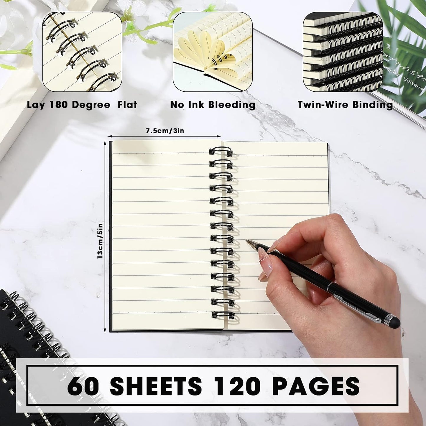 Jutom 2 Pcs Small Spiral Notebooks Memo Pads 3x5 Bulk Small Pocket Notebooks Mini Notepads with Lined Pages Mini Journals for Office Back to School Work Writing Supplies, 120 Pages (Black)