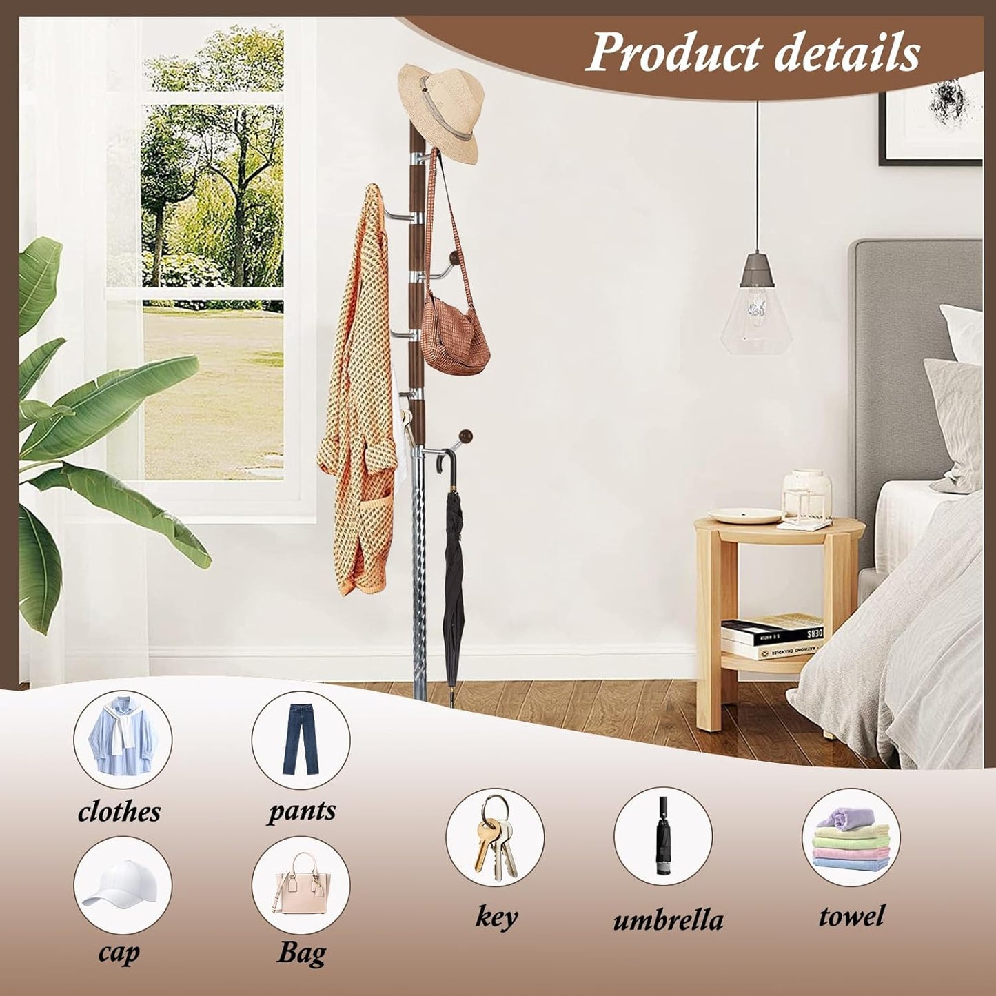 Wooden Coat Rack Freestanding, Vintage Coat Racks with Sturdy Round Base, Adjustable Height 37.40"-72.83" Entrance Coat Rack for Bedroom Living Room Entryway (Walnut Metal Hook)