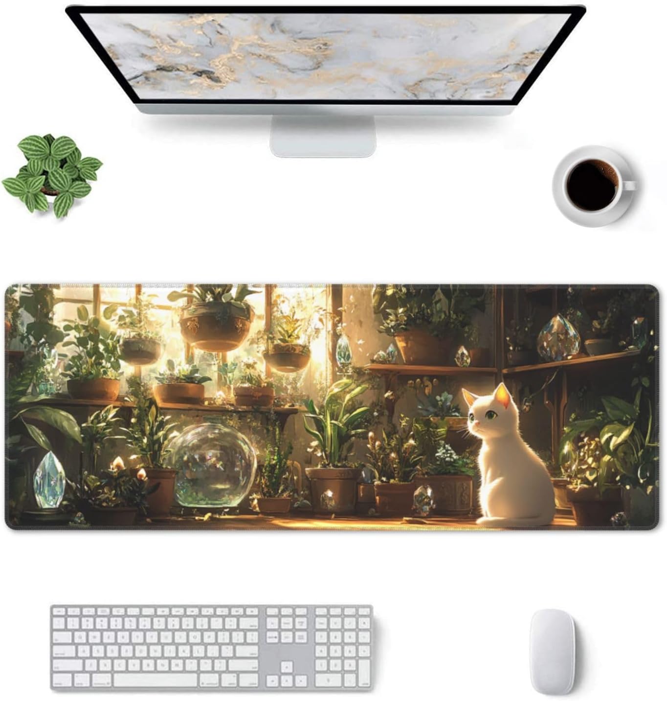 Cat Plant Mouse Pad 31.5 X 11.8 Inch Big Desk Rubber Base Stitched Edges Keyboard Pad XXL Mouse Mat for Home Game and Office
