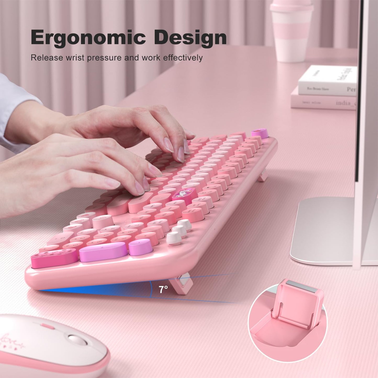 MOFII Wireless Keyboard and Mouse Combo, 2.4GHz Retro Typewriter Keyboard Full Size, Quiet Click Mouse for PC, Laptop, Desktop, Computer, Windows (Pale Pink)