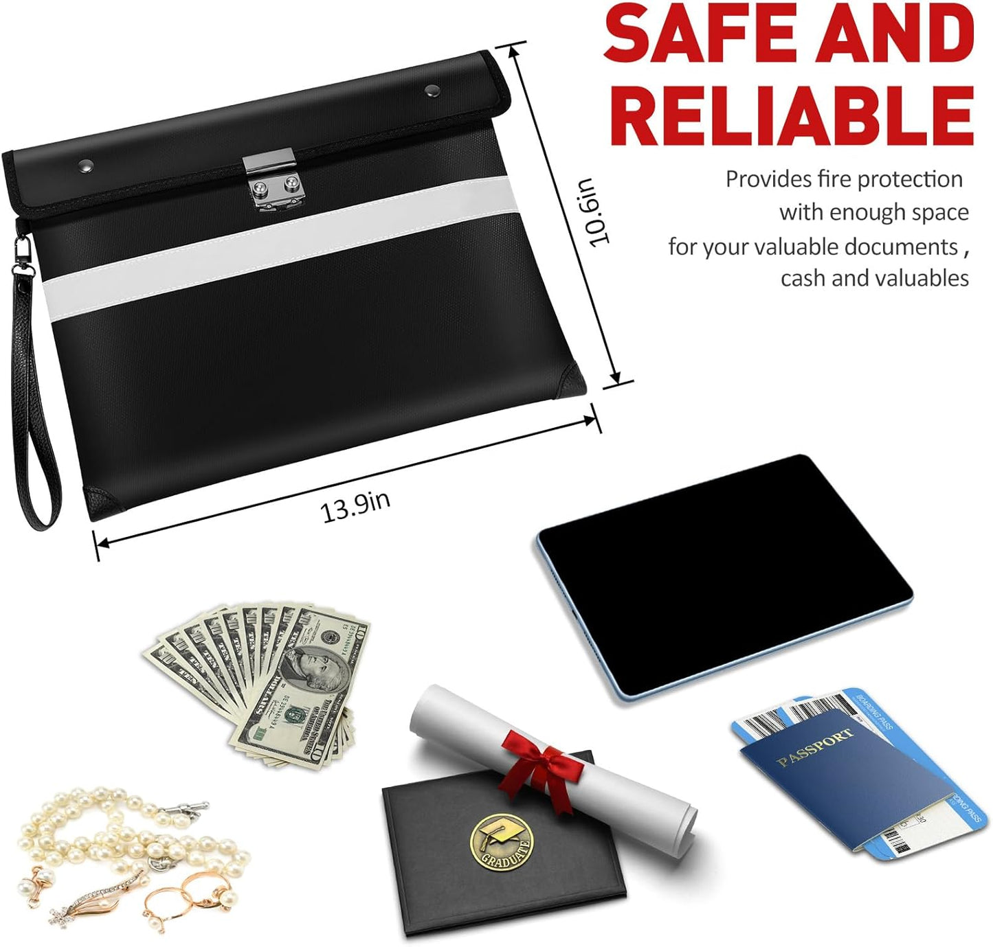 Fireproof Document Bag with Lock,6200°F Insulated (13.9"x10.6"),Lockable Fire Water Proof Money Pouch with Water Resistant Zipper,Safe Notary Bag with Lock,for Important Documents,Valuables (Black)