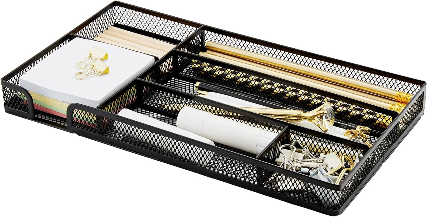 Annova Desk Drawer Organizer Tray for Office Organization - Metal Mesh - Storage Tray with Dividers for Pens, Desktop Accessories, Bathroom, Kitchen, Makeup and Office Supplies (Small, Black)